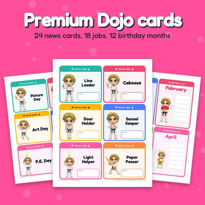 May include: Premium Dojo cards set featuring 24 news cards, 18 jobs, and 12 birthday months. The cards display cartoon characters in white martial arts uniforms with various labels like Line Leader, Caboose, and P.E. Day on colorful backgrounds.