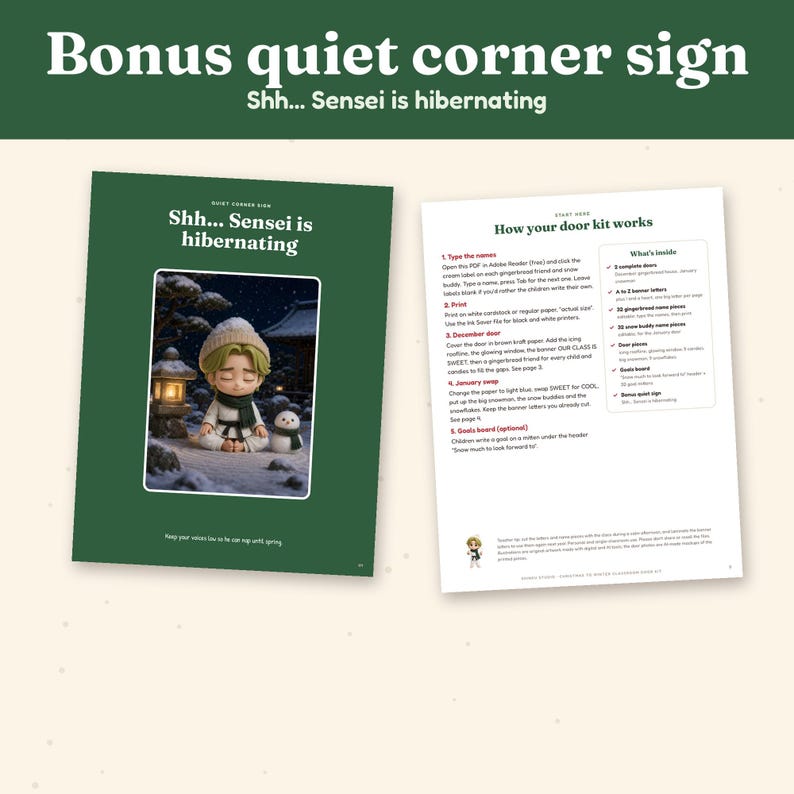 K&ouml;nnte beinhalten: Ein druckbares Klassenzimmerschild und ein Anleitungsblatt mit dunkelgr&uuml;nem Hintergrund. Das Schild enth&auml;lt den Text "Bonus quiet corner sign" und "Shh... Sensei is hibernating" &uuml;ber einer Illustration einer Figur im Winter.