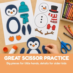 May include: Two printed activity sheets featuring cut-out shapes for a penguin and a snowman, including hats, scarves, and mittens. A partially assembled penguin, a glue stick, blue scissors, and a box of crayons are arranged on a table.