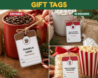 Staff Christmas Gift Tags Printable Bundle, Coworker Gift Tags, Teacher Gift Tags, Editable, Thanks a Latte, Hot Cocoa, Popcorn