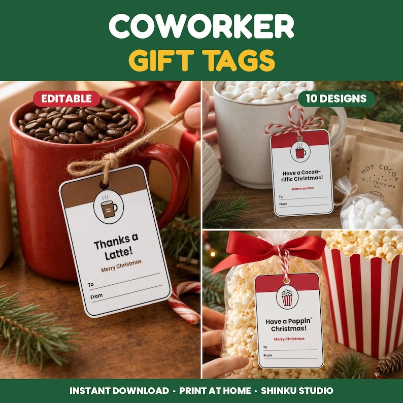 May include: A set of rectangular gift tags featuring various holiday themes and graphics. The tags include text such as Thanks a Latte, Have a Cocoa-riffic Christmas, and Have a Poppin Christmas, with designated lines for To and From names.