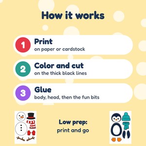 May include: An instructional graphic on a light yellow background titled How it works. It lists three steps: 1 Print on paper or cardstock, 2 Color and cut on the thick black lines, and 3 Glue body, head, then the fun bits. Includes Low prep: print and go text, plus illustrations of a snowman and a penguin craft set.