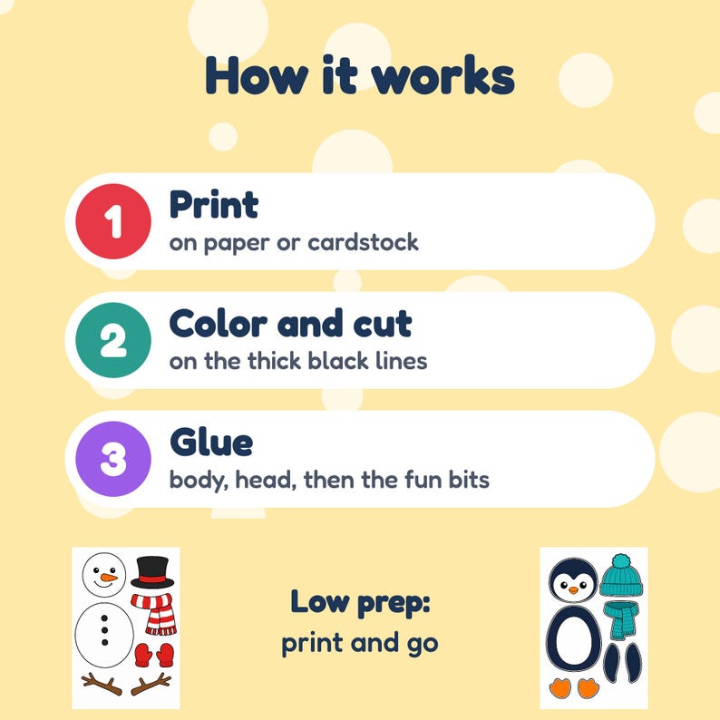 May include: An instructional graphic on a light yellow background titled How it works. It lists three steps: 1 Print on paper or cardstock, 2 Color and cut on the thick black lines, and 3 Glue body, head, then the fun bits. Includes Low prep: print and go text, plus illustrations of a snowman and a penguin craft set.