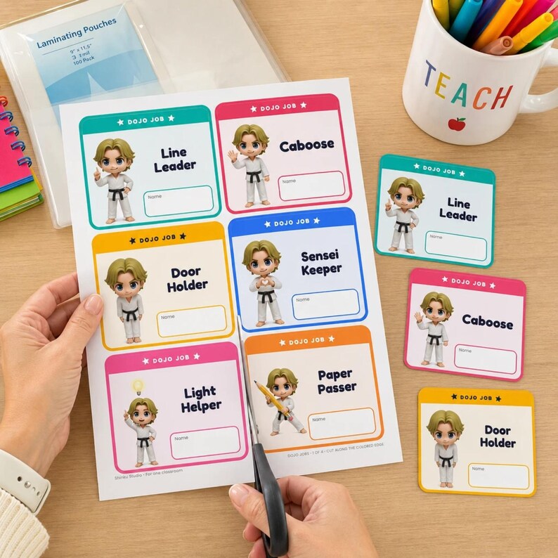 May include: A sheet of Dojo Job classroom labels featuring cartoon characters in white karate uniforms. The labels include titles like Line Leader, Caboose, Door Holder, Sensei Keeper, Light Helper, and Paper Passer with blank name fields.