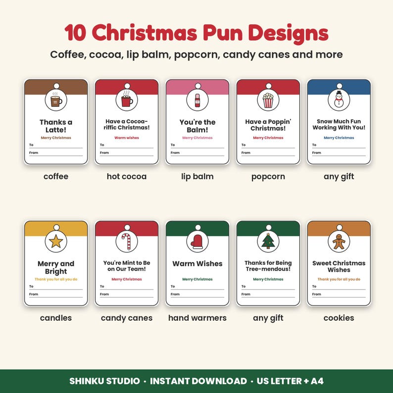 May include: A set of 10 rectangular Christmas gift tags with rounded corners and a hole at the top. Each tag features a unique holiday icon, a punny phrase, and lines for To and From. The designs include coffee, cocoa, lip balm, popcorn, a snowman, a star, a candy cane, a mitten, a Christmas tree, and a gingerbread man.