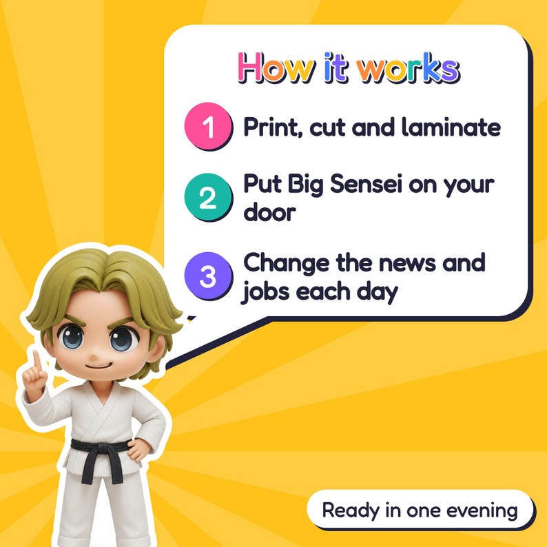 May include: A cartoon figure with blonde hair wearing a white martial arts uniform with a black belt. A speech bubble contains the text How it works, 1 Print, cut and laminate, 2 Put Big Sensei on your door, 3 Change the news and jobs each day.