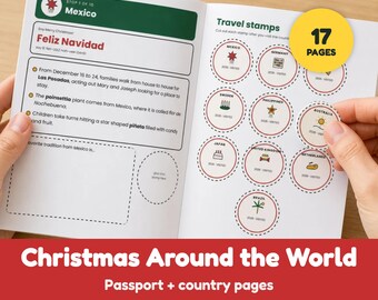 May include: An open educational booklet titled Christmas Around the World with 17 pages. The left page features information about Mexico, including the text Feliz Navidad. The right page displays circular travel stamps for various countries.