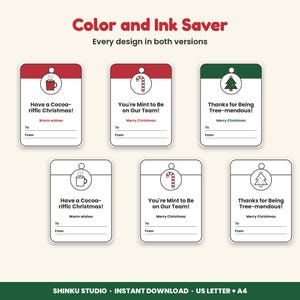May include: Six rectangular gift tags with rounded corners, featuring three colored designs and three black-and-white outlines. The tags display icons of a cocoa mug, candy cane, and Christmas tree with text including Have a Cocoa-riffic Christmas!, You're Mint to Be on Our Team!, and Thanks for Being Tree-mendous!, plus To and From lines.