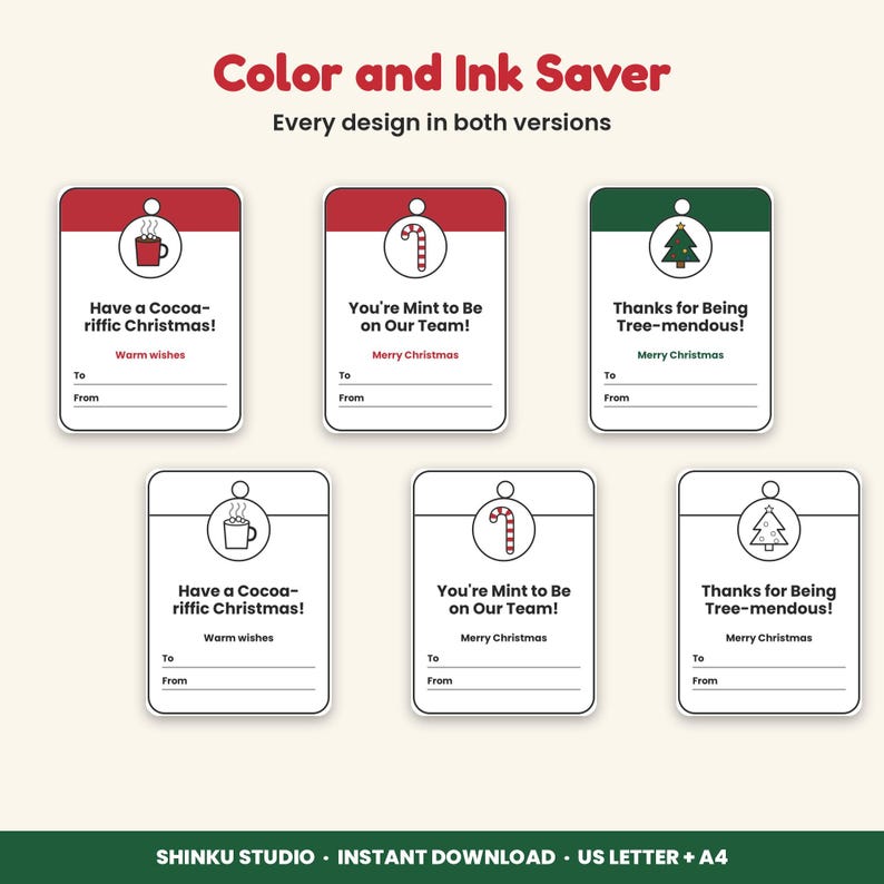 May include: Six rectangular gift tags with rounded corners, featuring three colored designs and three black-and-white outlines. The tags display icons of a cocoa mug, candy cane, and Christmas tree with text including Have a Cocoa-riffic Christmas!, You're Mint to Be on Our Team!, and Thanks for Being Tree-mendous!, plus To and From lines.