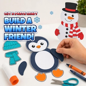 May include: A paper craft kit featuring a penguin and snowman with the text CUT & PASTE CRAFT BUILD A WINTER FRIEND! Includes cutouts of a penguin body, orange feet, blue hat, blue scarf, and a snowman with a red scarf and black top hat.