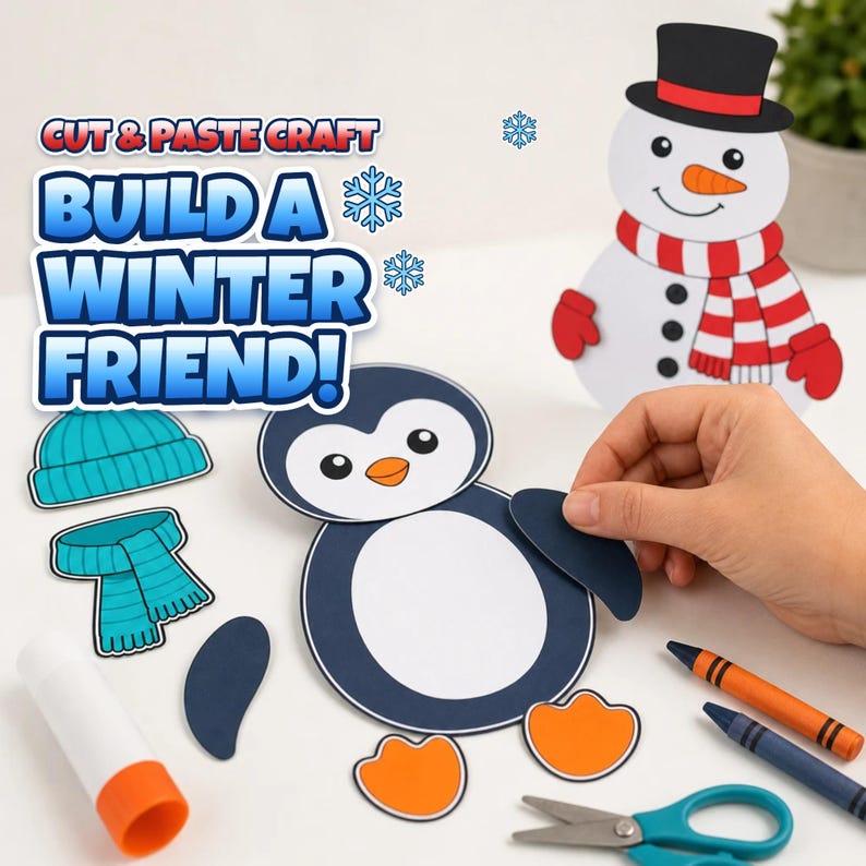 May include: A paper craft kit featuring a penguin and snowman with the text CUT & PASTE CRAFT BUILD A WINTER FRIEND! Includes cutouts of a penguin body, orange feet, blue hat, blue scarf, and a snowman with a red scarf and black top hat.