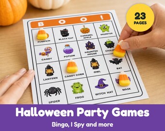 May include: A Halloween bingo game sheet with a grid of illustrations including a black cat, potion, haunted house, and spider. Candy corn pieces are used as markers on the squares. A yellow circular badge indicates 23 pages.