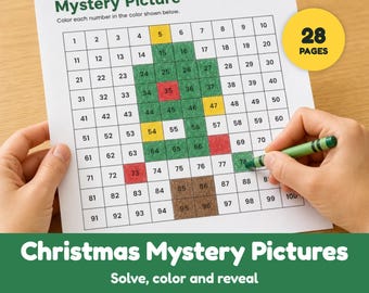 May include: A Hundreds Chart Mystery Picture activity sheet with 28 pages. The paper features a grid with numbers 1 through 100, partially colored in green, yellow, red, and brown to reveal a Christmas tree shape. A green crayon is coloring square 78.