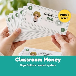 May include: A stack of rectangular paper Dojo Dollars reward notes featuring the text The Bank of Sensei, Dojo Dollars, One, and Calm-Kind-Strong. Each note displays a cartoon character with blonde hair and a yellow Print & Cut sticker.