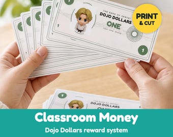May include: A stack of rectangular paper Dojo Dollars reward notes featuring the text The Bank of Sensei, Dojo Dollars, One, and Calm-Kind-Strong. Each note displays a cartoon character with blonde hair and a yellow Print & Cut sticker.