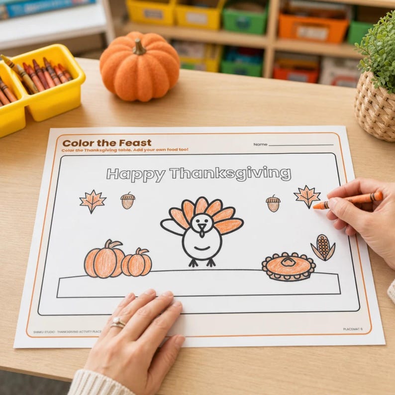 May include: A white paper placemat with the text Color the Feast and Happy Thanksgiving, featuring line art of a turkey, pumpkins, a pie, acorns, and leaves. The placemat has orange accents and is partially colored with an orange crayon.