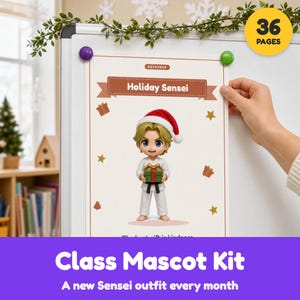 Puede incluir: Una pizarra blanca muestra una página de calendario titulada Holiday Sensei, con un personaje de dibujos animados con uniforme de karate blanco y gorro de Papá Noel sosteniendo un regalo verde. La página tiene iconos de regalos rojos y estrellas doradas.
