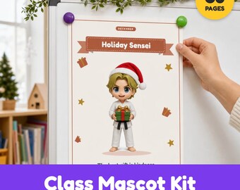 May include: A white board displays a calendar page titled Holiday Sensei, featuring a cartoon character in a white karate uniform and red Santa hat holding a green gift box. The page is decorated with small red gift icons and gold stars.