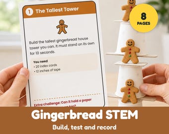 May include: A white activity card titled 1 The Tallest Tower with instructions to build a gingerbread house tower using 20 index cards and 12 inches of tape, next to a vertical stack of three white paper cups and three gingerbread men.