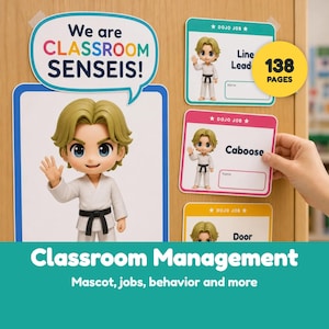 May include: A classroom management set featuring a speech bubble sign that reads We are CLASSROOM SENSEIS! and multiple job cards with a cartoon character in a white karate uniform with a black belt. One card is labeled Line Leader and another Caboose.