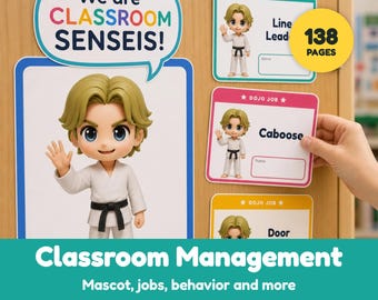 May include: A classroom management set featuring a speech bubble sign that reads We are CLASSROOM SENSEIS! and multiple job cards with a cartoon character in a white karate uniform with a black belt. One card is labeled Line Leader and another Caboose.