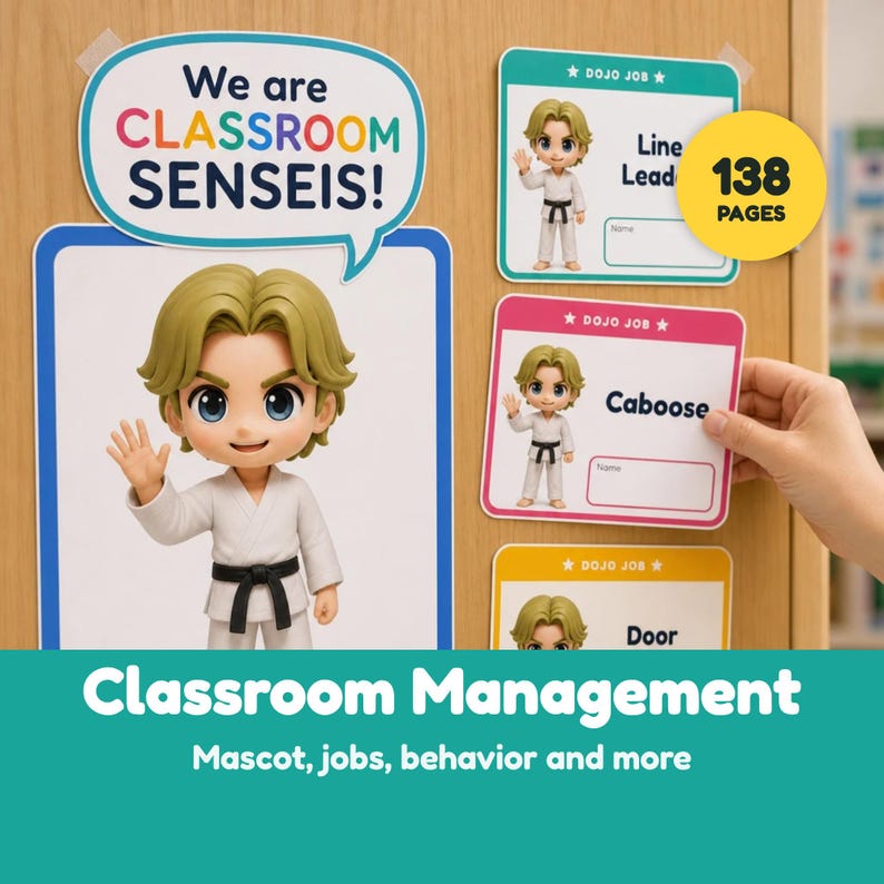 May include: A classroom management set featuring a speech bubble sign that reads We are CLASSROOM SENSEIS! and multiple job cards with a cartoon character in a white karate uniform with a black belt. One card is labeled Line Leader and another Caboose.