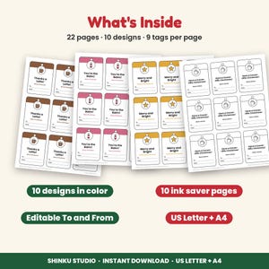 May include: A digital printable set featuring 22 pages with 10 designs and 9 tags per page. The tags include text like Thanks a Latte, You're the Balm, Merry and Bright, and Have a Cocoa-riffic Christmas with editable To and From fields.