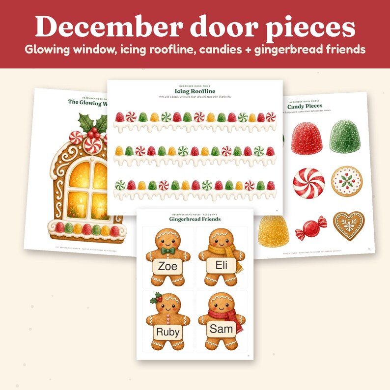 K&ouml;nnte beinhalten: Ein Set aus druckbaren Dezember-T&uuml;rdekorationen mit einem leuchtenden Lebkuchenfenster, Zuckerguss-Dachkanten mit bunten Gummib&auml;rchen, S&uuml;&szlig;igkeiten-Motiven und vier Lebkuchenfiguren mit den Namen Zoe, Eli, Ruby und Sam auf Papier.