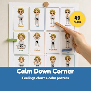 Puede incluir: Un gr&aacute;fico de sentimientos Calm Down Corner y p&oacute;steres de calma de 49 p&aacute;ginas. La cuadr&iacute;cula muestra personajes de dibujos animados con uniformes de artes marciales blancos que expresan diversas emociones etiquetadas como Happy, Sad, Angry, Worried, Calm, Excited, Frustrated y Tired.
