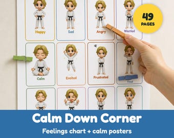 May include: A Calm Down Corner feelings chart and calm posters document featuring 49 pages. The grid displays cartoon characters in white martial arts uniforms expressing various emotions labeled Happy, Sad, Angry, Worried, Calm, Excited, Frustrated, and Tired.