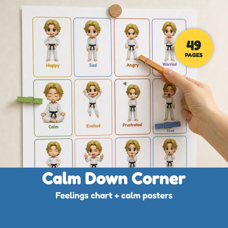 Puede incluir: Un gr&aacute;fico de sentimientos Calm Down Corner y p&oacute;steres de calma de 49 p&aacute;ginas. La cuadr&iacute;cula muestra personajes de dibujos animados con uniformes de artes marciales blancos que expresan diversas emociones etiquetadas como Happy, Sad, Angry, Worried, Calm, Excited, Frustrated y Tired.