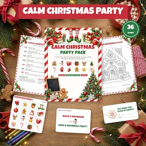 Könnte beinhalten: Ein druckbares Calm Christmas Party Pack mit 36 Aktivitätsseiten, darunter eine Bingokarte, eine Ausmalvorlage für ein Lebkuchenhaus, ein 60-minütiger Partyplan und Geschenkanhänger mit weihnachtlichen Motiven in Rot und Grün.