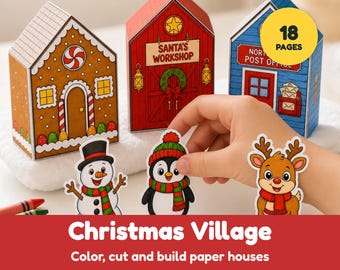 May include: A paper Christmas village craft set featuring three assembled buildings: a gingerbread house, Santa's Workshop, and a North Pole Post Office. Includes cut-out figures of a snowman, a penguin, and a reindeer. A yellow circle indicates 18 pages.