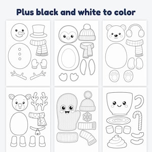May include: A set of six printable activity sheets titled Plus black and white to color. Each sheet features black line art components for building characters including a snowman, penguin, bear, reindeer, mitten, and a cup with marshmallows.