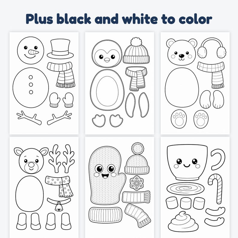 May include: A set of six printable activity sheets titled Plus black and white to color. Each sheet features black line art components for building characters including a snowman, penguin, bear, reindeer, mitten, and a cup with marshmallows.