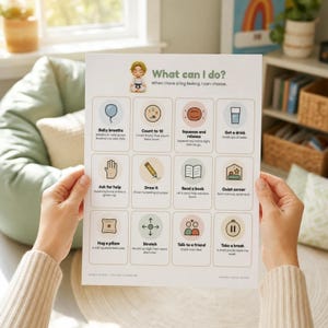 Puede incluir: Un p&oacute;ster educativo blanco titulado What can I do? que presenta doce estrategias de afrontamiento ilustradas para emociones intensas, incluyendo respiraci&oacute;n, conteo, dibujo y lectura, organizadas en una cuadr&iacute;cula con iconos.