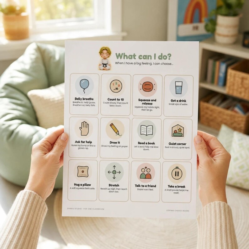 Puede incluir: Un p&oacute;ster educativo blanco titulado What can I do? que presenta doce estrategias de afrontamiento ilustradas para emociones intensas, incluyendo respiraci&oacute;n, conteo, dibujo y lectura, organizadas en una cuadr&iacute;cula con iconos.