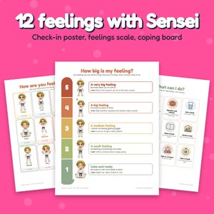 Puede incluir: Tres p&oacute;steres educativos titulados 12 feelings with Sensei, How are you feeling, How big is my feeling y What can I do. Los gr&aacute;ficos muestran un personaje de dibujos animados con uniforme de artes marciales blanco, escalas de colores y texto.