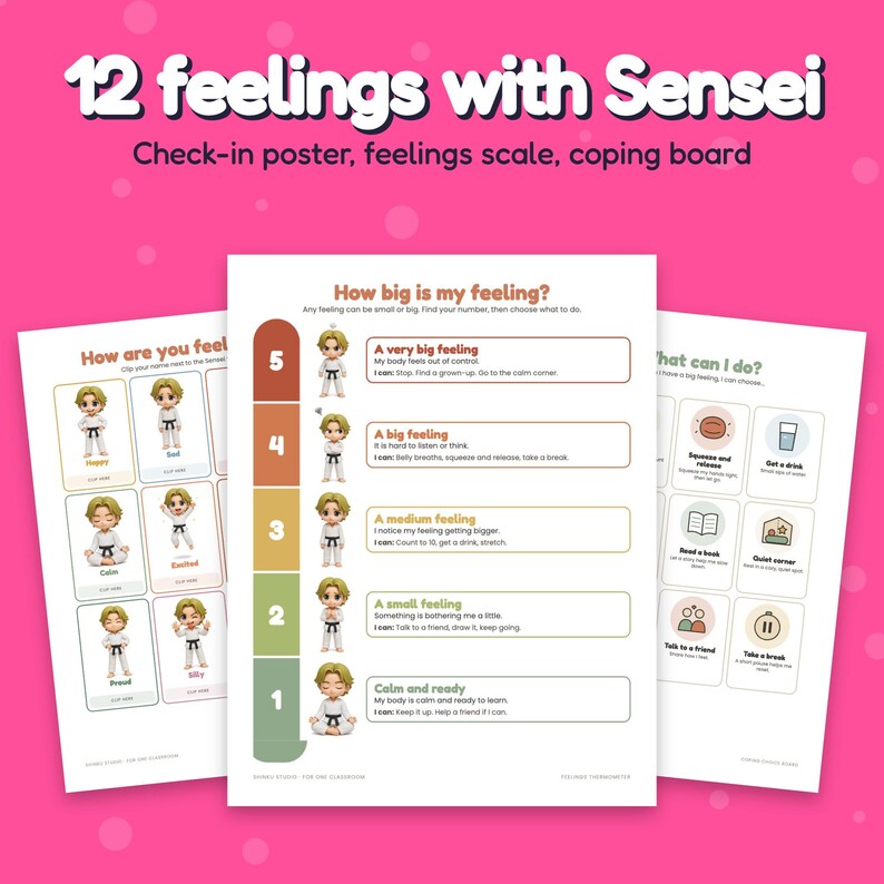 Puede incluir: Tres p&oacute;steres educativos titulados 12 feelings with Sensei, How are you feeling, How big is my feeling y What can I do. Los gr&aacute;ficos muestran un personaje de dibujos animados con uniforme de artes marciales blanco, escalas de colores y texto.