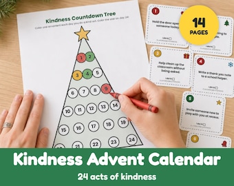 May include: A Kindness Countdown Tree activity sheet with a triangular tree outline containing numbered circles from 1 to 24. A red crayon colors in circle 9. Several small cards with kindness tasks and a yellow 14 pages circle are included.