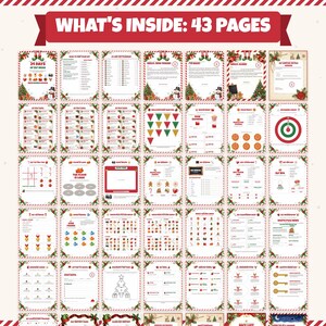 May include: A collection of 43 printable pages featuring Christmas-themed activities, games, and templates. Each page is decorated with festive borders, including holly, candy canes, and ornaments, with the text WHAT'S INSIDE: 43 PAGES at the top.