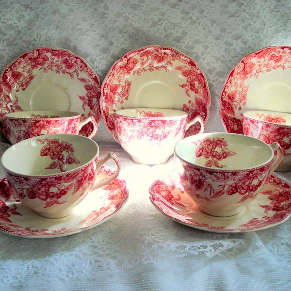 Vintage Strawberry Fair Teacups and Saucers Johnson Brothers Red Transferware