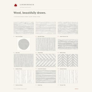 May include: A Lindenhaus product sheet titled Wood, beautifully drawn, displaying 12 custom wood hatch patterns including Quiet Oak Planks, Wide Rift Planks, Light Character Oak, End Grain, Fluted Wood, Refined Rustic, Bamboo, Herringbone, and Chevron.