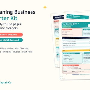 May include: A Cleaning Business Starter Kit featuring 7 editable and printable pages for house cleaners. The documents include a quote, client intake, visit checklist, price list, policies, invoice, and start here guide with colorful headers.