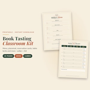 Puede incluir: Un kit de clase imprimible para cata de libros que incluye un menú y un mantel individual para notas de cata. El texto incluye Today's Menu, Tasting Notes Placemat, 10 Pages, Menu y Cards. Diseño en colores crema, verde oscuro y terracota.