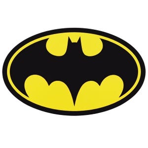 May include: An oval-shaped emblem featuring a black bat silhouette centered on a bright yellow background, enclosed by a thick black border. The design displays the iconic Batman logo with a sharp, pointed bat shape against the yellow field.