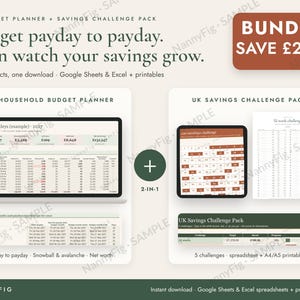 Könnte beinhalten: Ein digitales UK-Budgetplaner- und Spar-Challenge-Paket mit Google Sheets, Excel und druckbaren PDF-Dateien. Die Anzeige zeigt Finanztabellen, monatliche Budgetübersichten und Spar-Challenge-Diagramme mit Texten wie Budget payday to payday und UK Savings Challenge Pack.