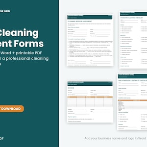 May include: A set of 14 cleaning client forms including a cleaning service agreement, standard cleaning checklist, invoice, and walkthrough estimate checklist. The documents feature white backgrounds with dark green headers and orange accents.