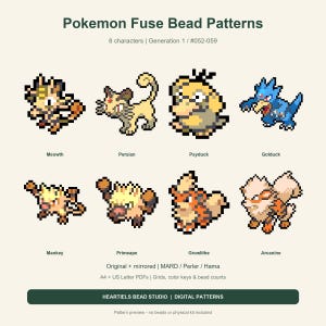Könnte beinhalten: Ein digitales Blatt mit Pokemon-Bügelperlenmustern mit Pixelkunst von Meowth, Persian, Psyduck, Golduck, Mankey, Primeape, Growlithe und Arcanine. Der Text enthält Pokemon Fuse Bead Patterns, 8 characters, Generation 1, #052-059, Original + mirrored, MARD, Perler, Hama, A4 + US Letter PDFs, Grids, color keys & bead counts sowie HEARTIELS BEAD STUDIO | DIGITAL PATTERNS.