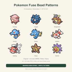 Small Chansey & Starmie Perler Bead Patterns | 9 Pokemon Characters | Fuse Bead PDF